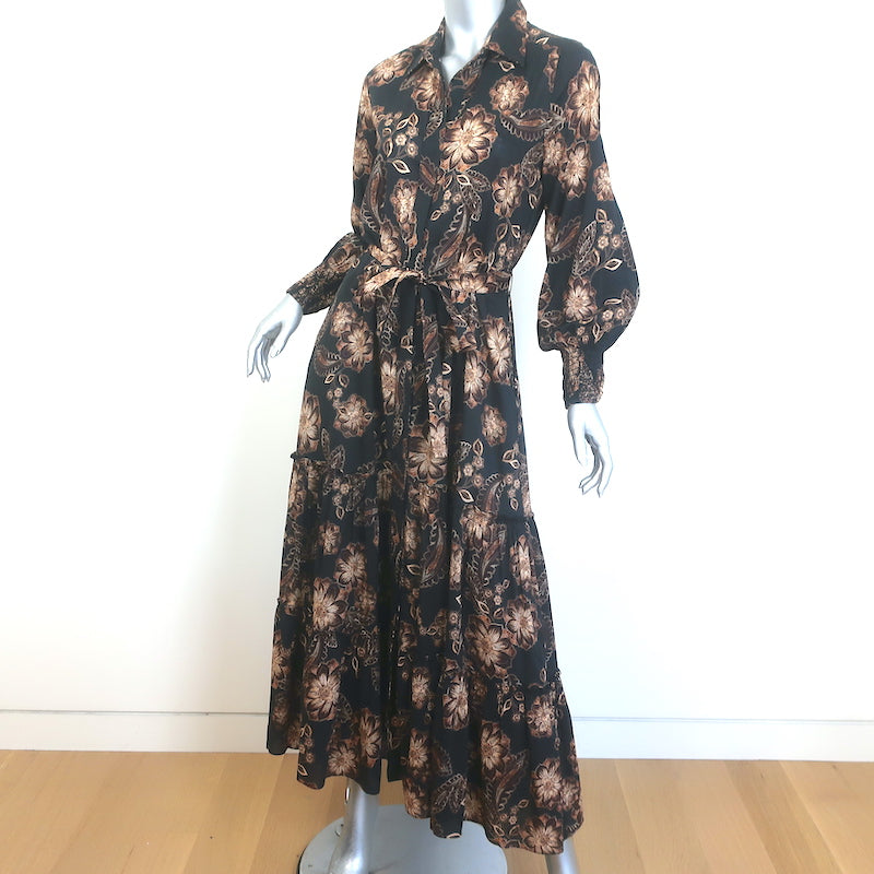 MISA Esme Shirtdress Black Floral Print Size Extra Small Long Sleeve Midi Dress