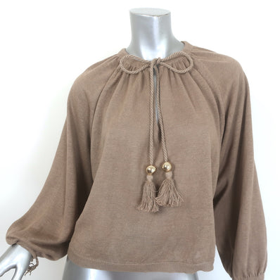 Authentic Max Mara Quirite tassel sweater, brown linen knit, size XS — pre-owned, gently worn luxury piece