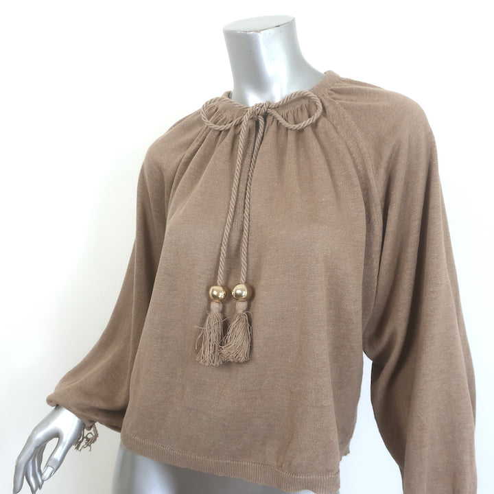 Max Mara Quirite tassel sweater, brown linen knit, authentic pre-owned luxury piece, gently worn, size XS