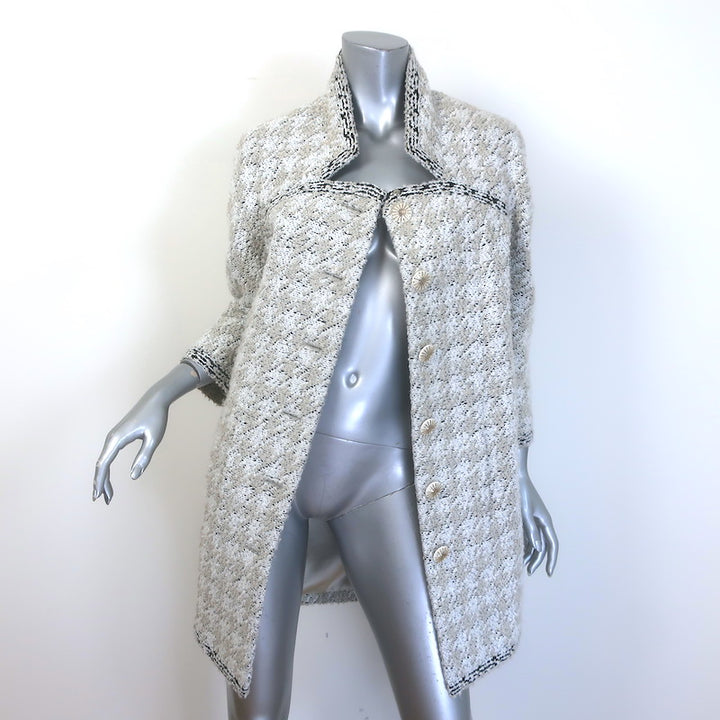 Chanel 2016 Quilted Boucle Tweed Sunburst Pearl-Button Coat White/Taupe Size 36