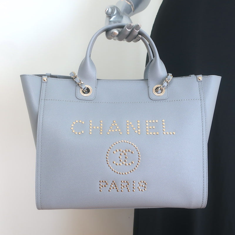 Chanel 20P Large Studded Deauville Tote Bag Grey Caviar Leather NEW