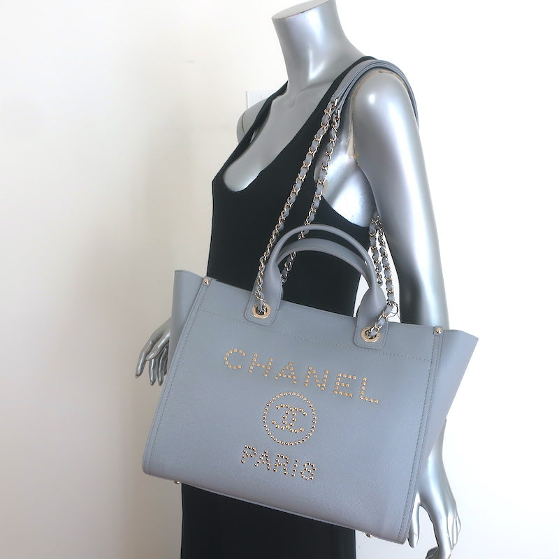 Chanel 20P Large Studded Deauville Tote Bag Grey Caviar Leather NEW