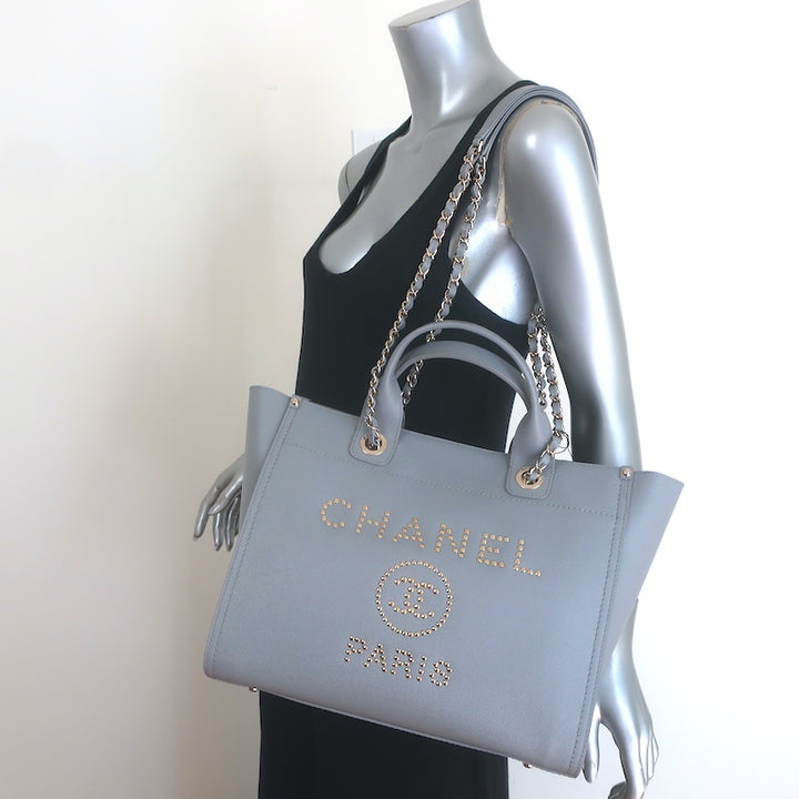 Chanel 20P Large Studded Deauville Tote Bag Grey Caviar Leather NEW