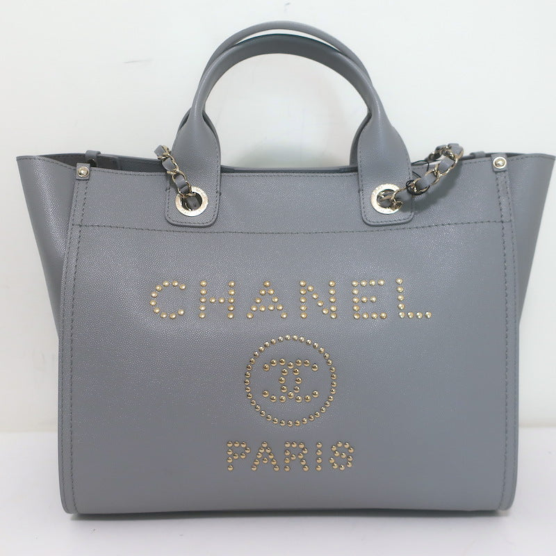 Chanel 20P Large Studded Deauville Tote Bag Grey Caviar Leather NEW