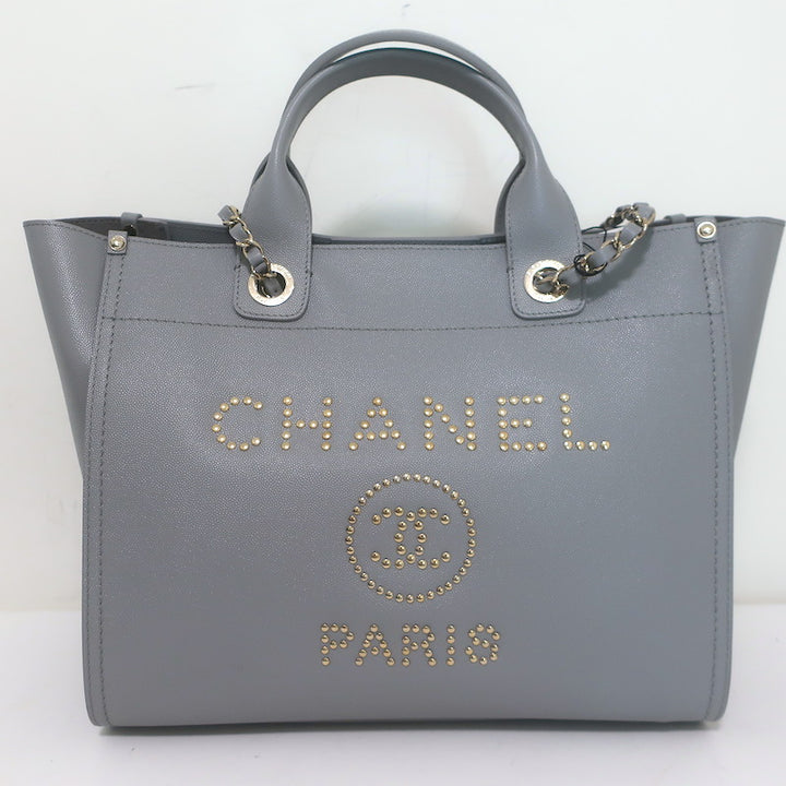 Chanel 20P Large Studded Deauville Tote Bag Grey Caviar Leather NEW