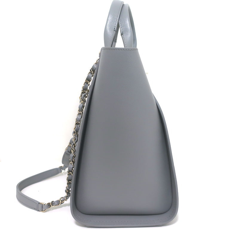 Chanel 20P Large Studded Deauville Tote Bag Grey Caviar Leather NEW