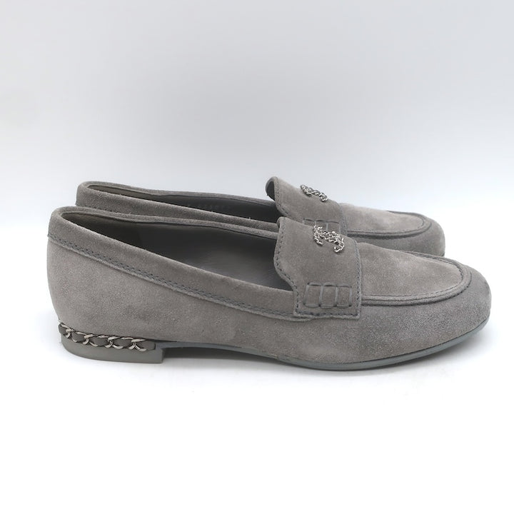 Chanel Chain-Trimmed CC Loafers Gray Suede Size 37