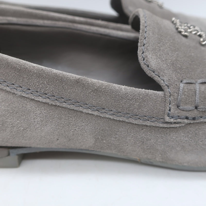 Chanel Chain-Trimmed CC Loafers Gray Suede Size 37