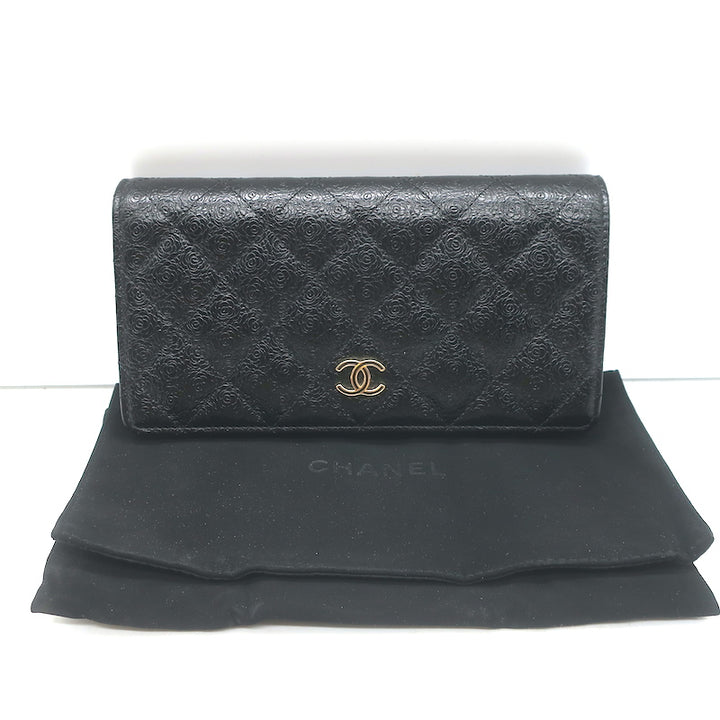 Chanel Camellia-Embossed Quilted Leather L Yen Continental Wallet Black