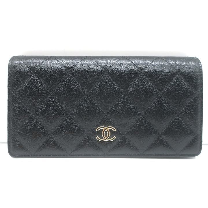 Chanel Camellia-Embossed Quilted Leather L Yen Continental Wallet Black