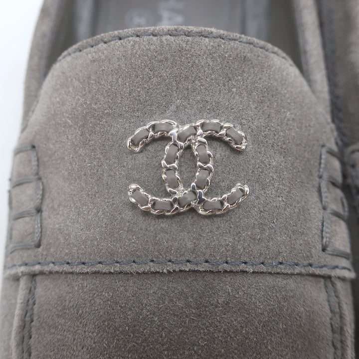 Chanel Chain-Trimmed CC Loafers Gray Suede Size 37