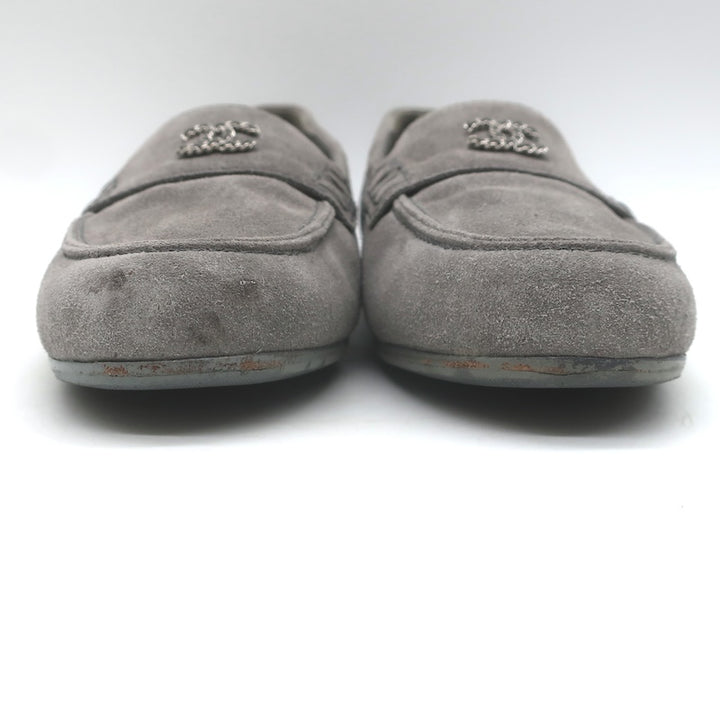 Chanel Chain-Trimmed CC Loafers Gray Suede Size 37