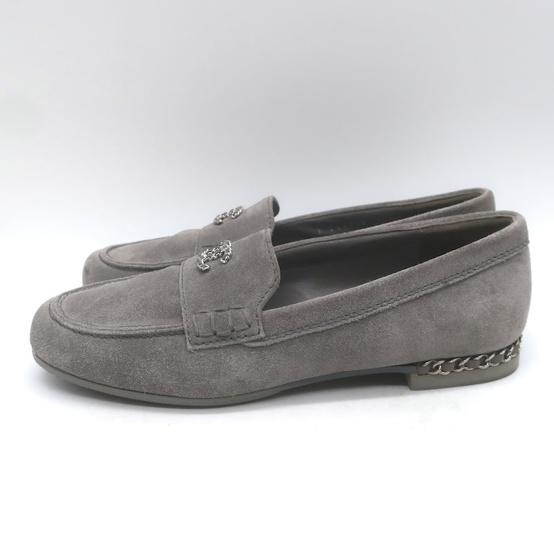 Chanel Chain-Trimmed CC Loafers Gray Suede Size 37