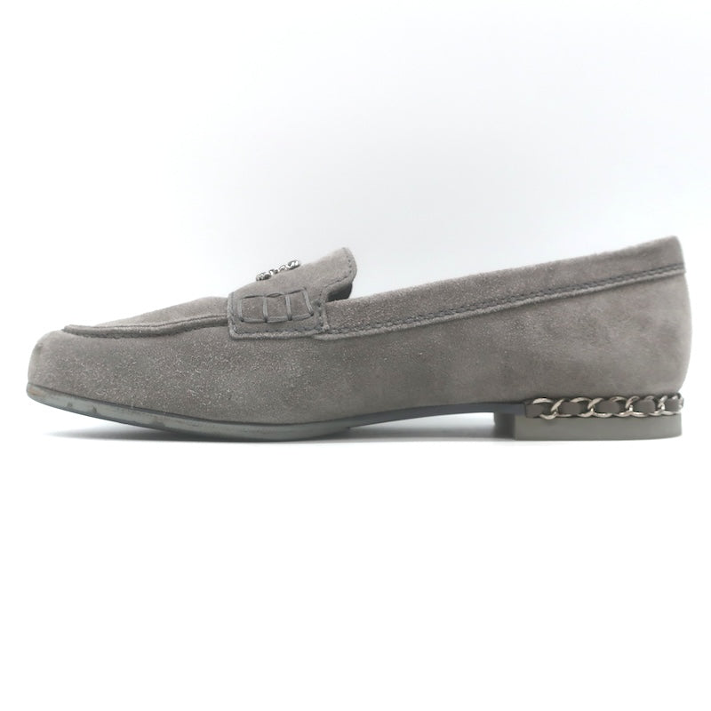 Chanel Chain-Trimmed CC Loafers Gray Suede Size 37