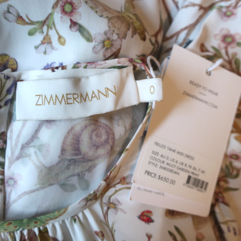 Zimmermann Frilled Tank Midi Dress White Garden Print Silk-Blend Size 0 NEW