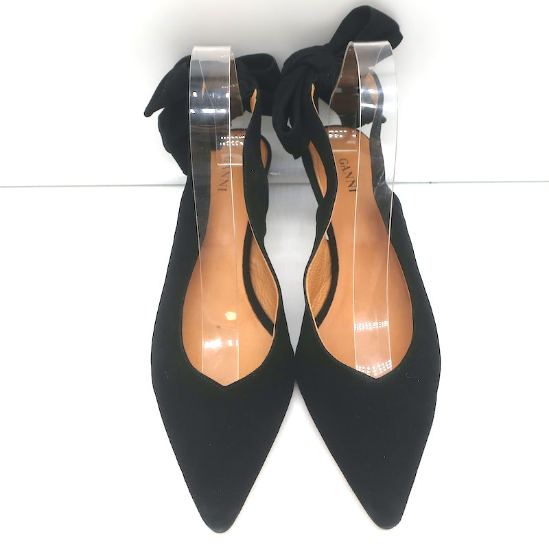 GANNI Sabine Bow Slingback Pumps Black Suede Size 39 Pointed Toe