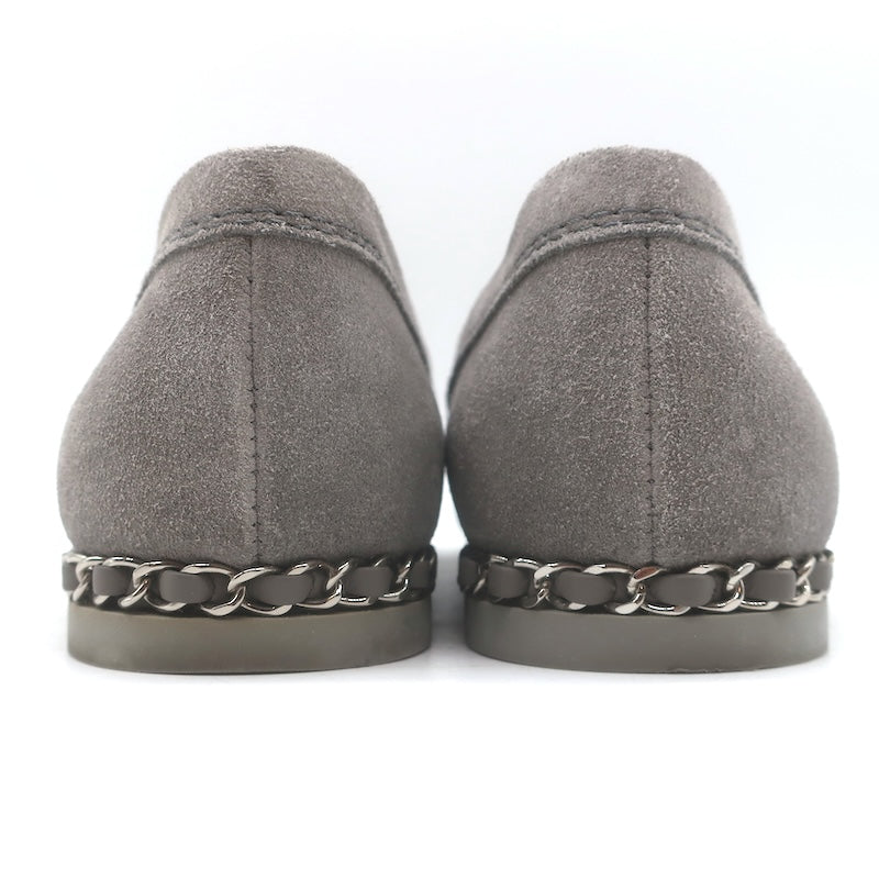 Chanel Chain-Trimmed CC Loafers Gray Suede Size 37