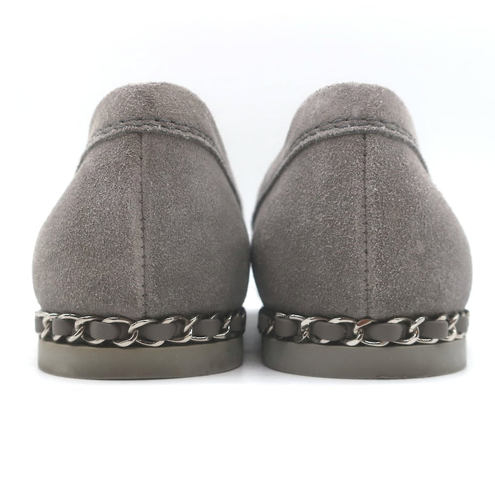 Chanel Chain-Trimmed CC Loafers Gray Suede Size 37