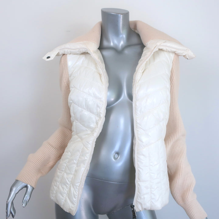 Moncler Maglione Tricot ivory wool-blend cardigan down puffer jacket, size L, pre-owned, authentic luxury