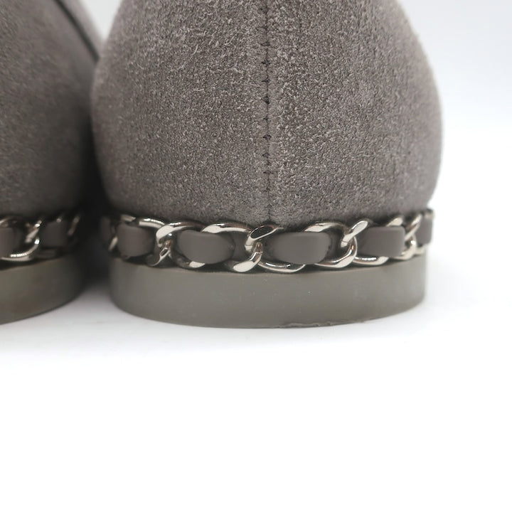 Chanel Chain-Trimmed CC Loafers Gray Suede Size 37