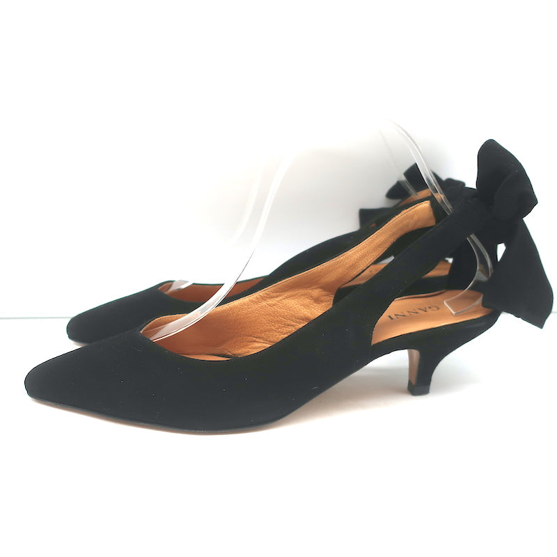 GANNI Sabine Bow Slingback Pumps Black Suede Size 39 Pointed Toe Kitten Heels
