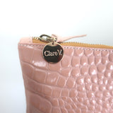 Clare V. Crocodile-Embossed Large Clutch Bag Light Pink Leather NEW