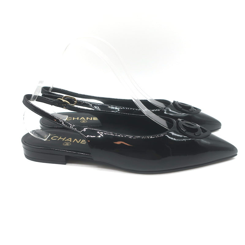 Chanel Heart CC Pointed Toe Slingback Flats Black Patent Leather Size 37.5 NEW
