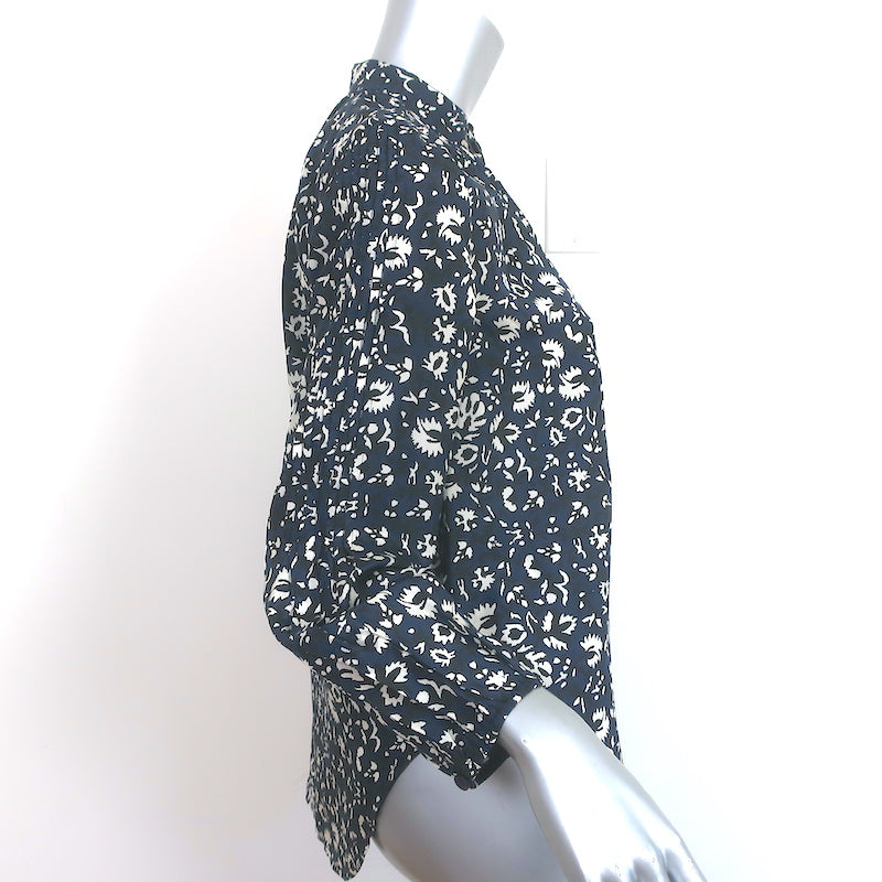 Apiece Apart Bravo Popover Top Navy Printed Silk Size 0 Long Sleeve Blouse