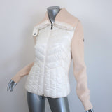 Moncler Maglione ivory tricot cardigan with down puffer panels, 90% wool blend, pre-owned luxury outerwear