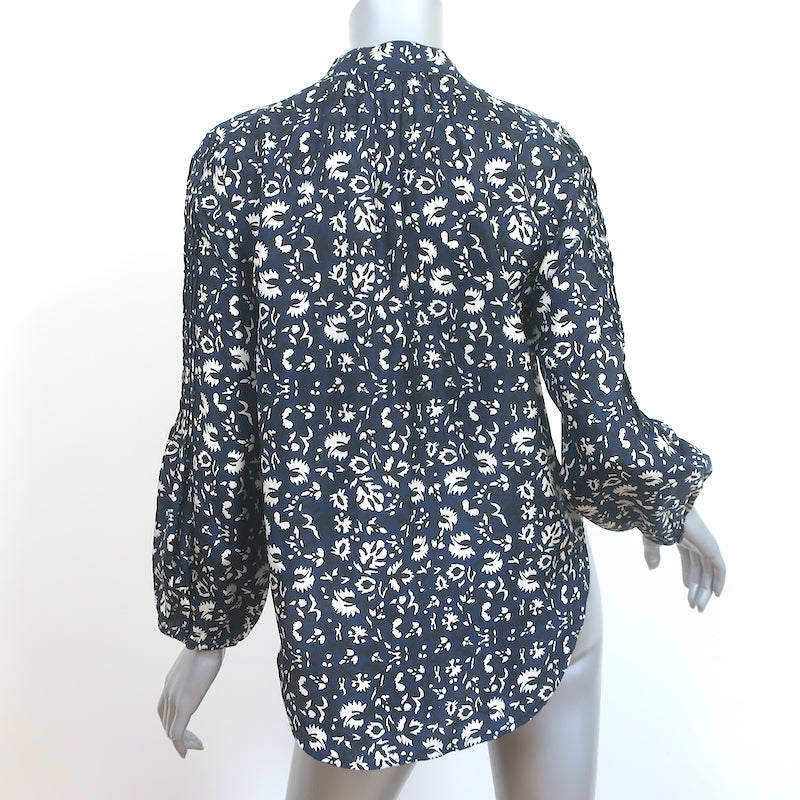 Apiece Apart Bravo Popover Top Navy Printed Silk Size 0 Long Sleeve Blouse