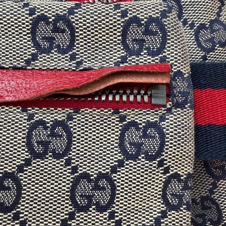 Gucci GG Supreme Double Pocket Belt Bag Beige Canvas &amp; Red Leather Crossbody