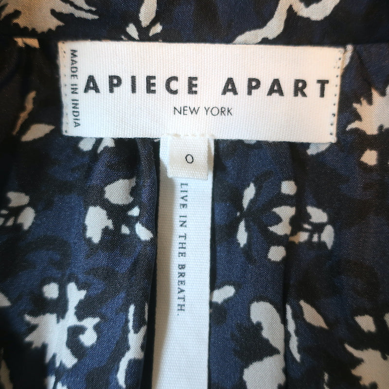 Apiece Apart Bravo Popover Top Navy Printed Silk Size 0 Long Sleeve Blouse