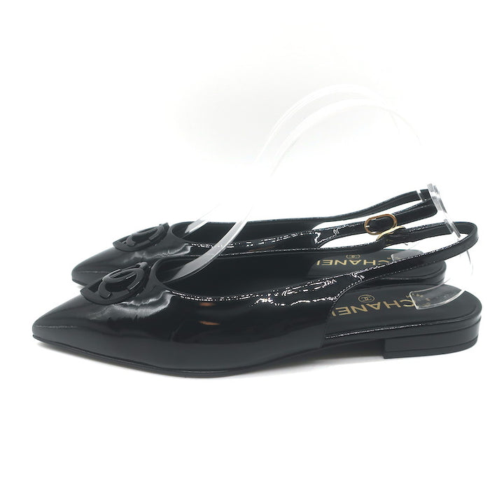 Chanel Heart CC Pointed Toe Slingback Flats Black Patent Leather Size 37.5 NEW