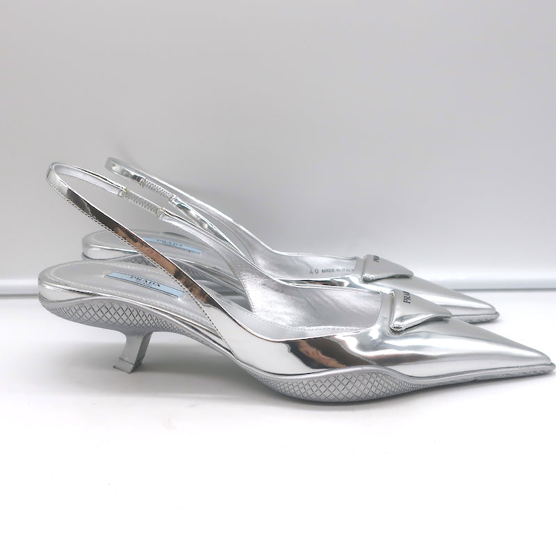 Prada Kitten Heel Slingback Pumps Silver Mirrored Leather Size 40