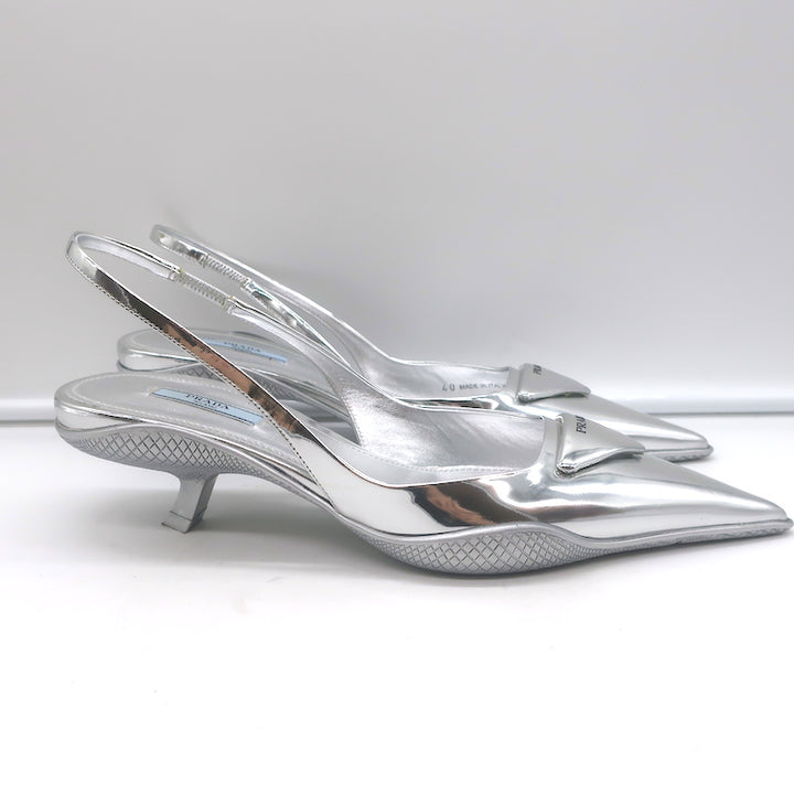Prada Kitten Heel Slingback Pumps Silver Mirrored Leather Size 40