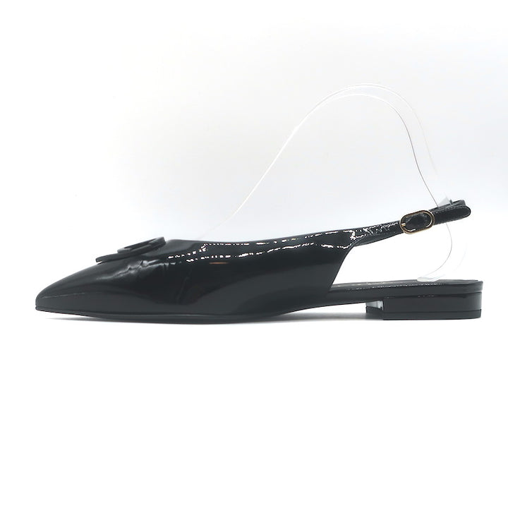 Chanel Heart CC Pointed Toe Slingback Flats Black Patent Leather Size 37.5 NEW