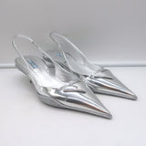 Prada Kitten Heel Slingback Pumps Silver Mirrored Leather Size 40