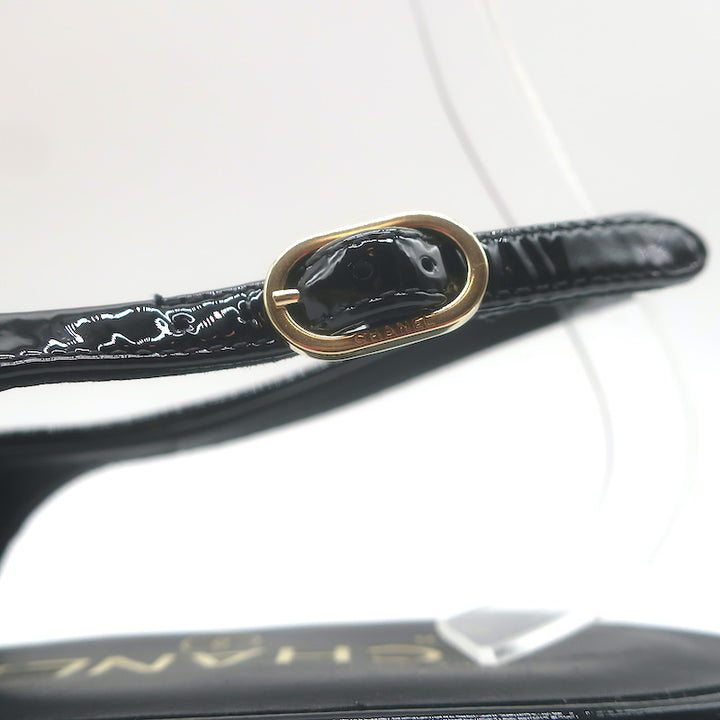 Chanel Heart CC Pointed Toe Slingback Flats Black Patent Leather Size 37.5 NEW