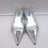 Prada Kitten Heel Slingback Pumps Silver Mirrored Leather Size 40