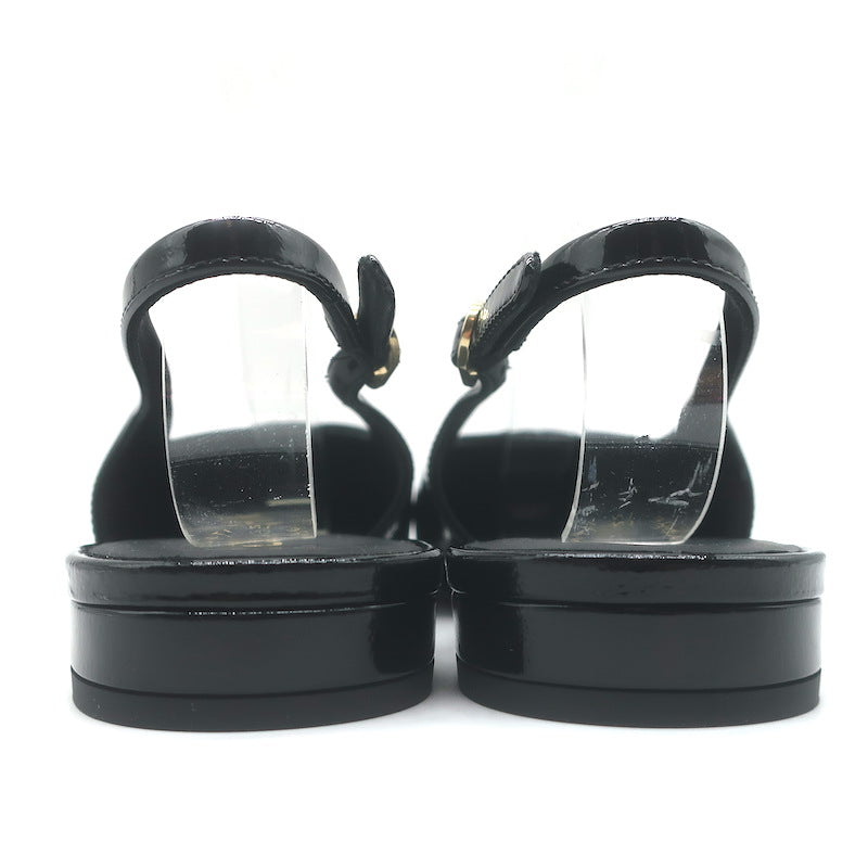 Chanel Heart CC Pointed Toe Slingback Flats Black Patent Leather Size 37.5 NEW