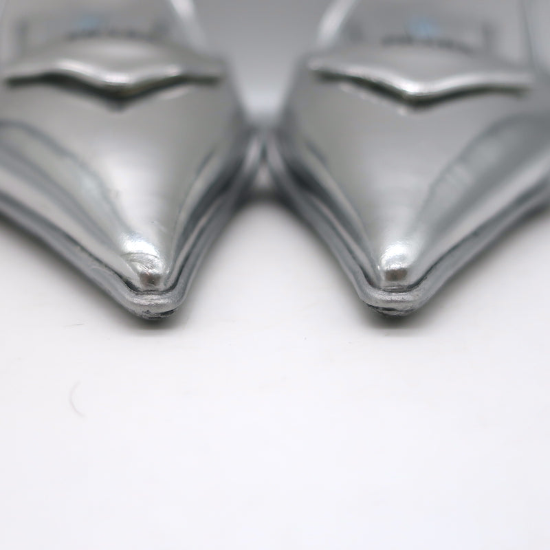 Prada Kitten Heel Slingback Pumps Silver Mirrored Leather Size 40