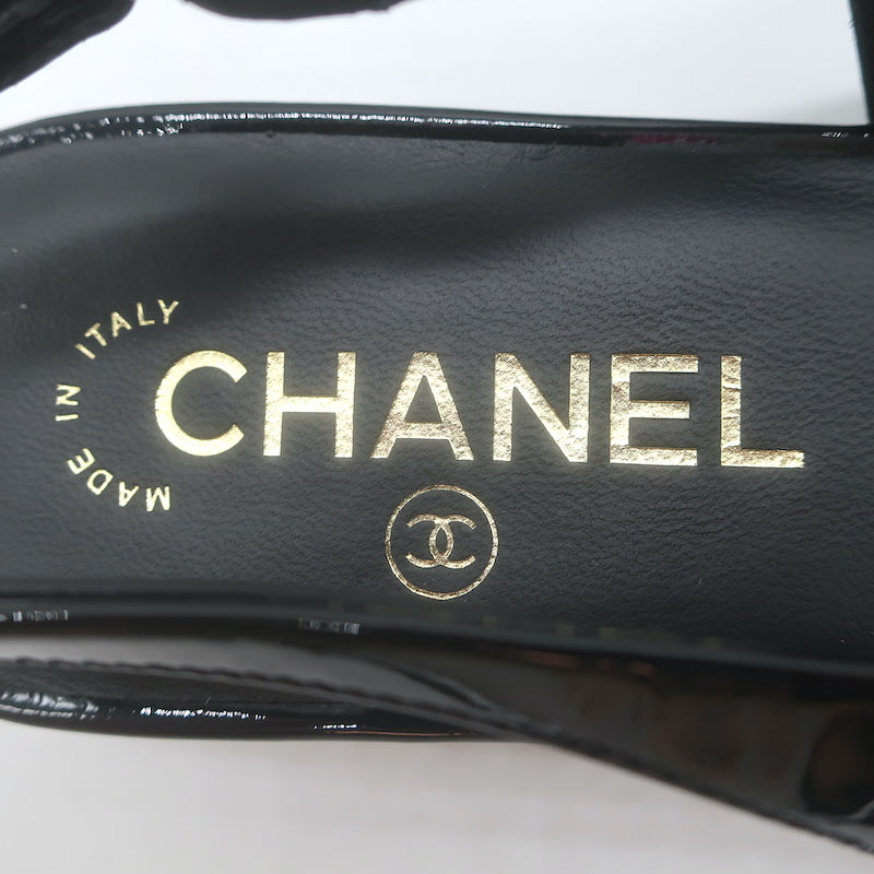 Chanel Heart CC Pointed Toe Slingback Flats Black Patent Leather Size 37.5 NEW