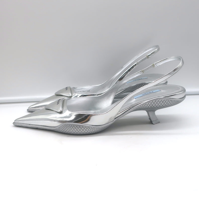 Prada Kitten Heel Slingback Pumps Silver Mirrored Leather Size 40