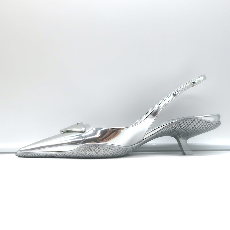 Prada Kitten Heel Slingback Pumps Silver Mirrored Leather Size 40