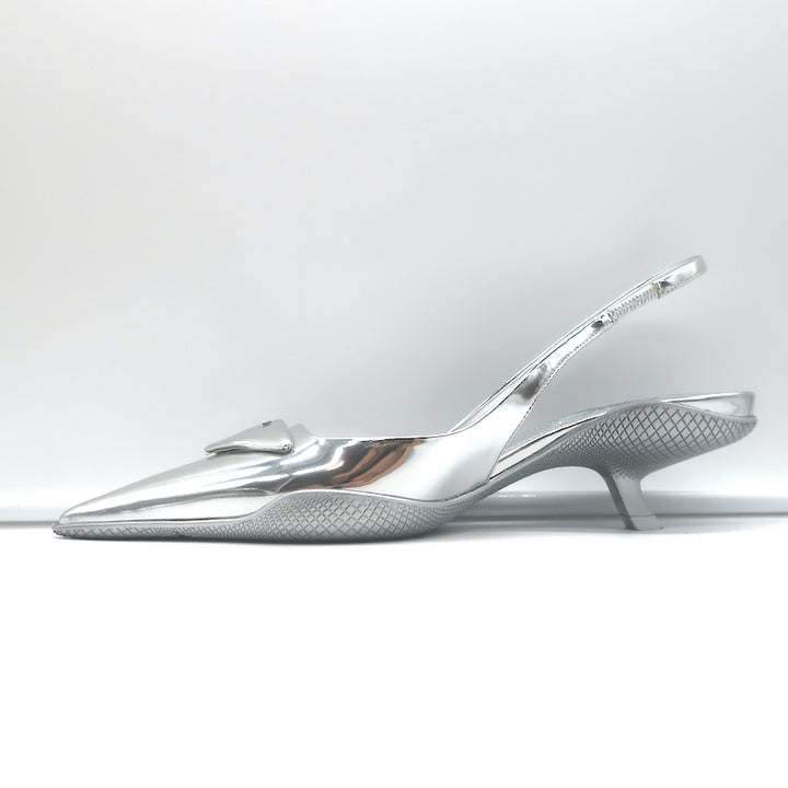 Prada Kitten Heel Slingback Pumps Silver Mirrored Leather Size 40