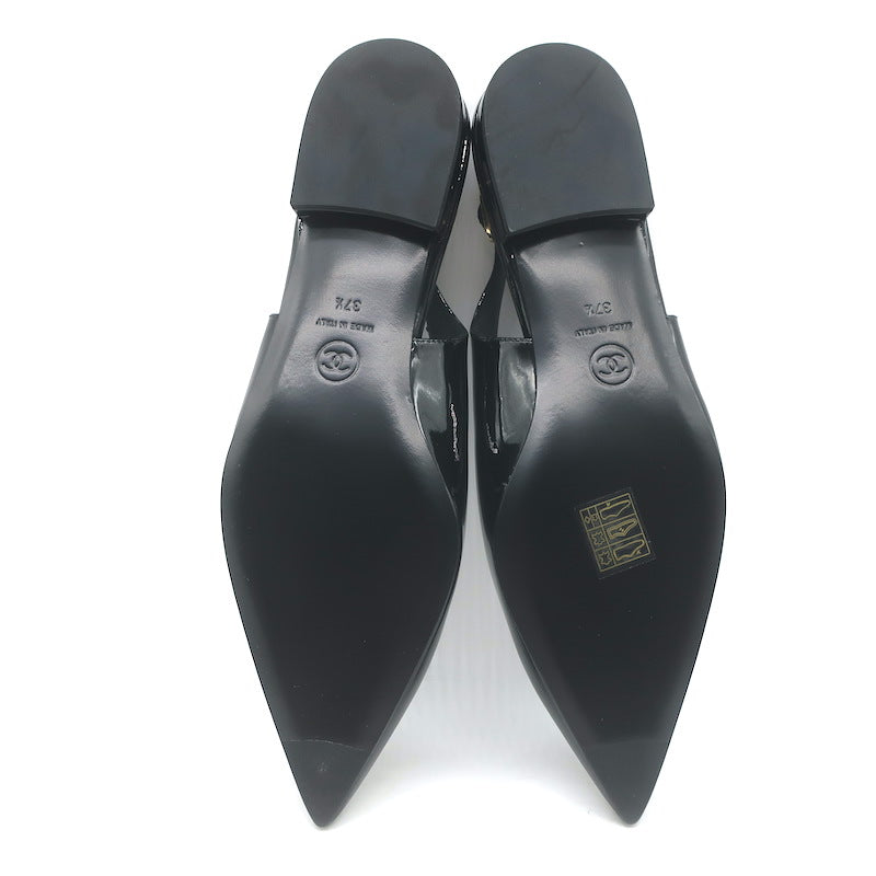 Chanel Heart CC Pointed Toe Slingback Flats Black Patent Leather Size 37.5 NEW