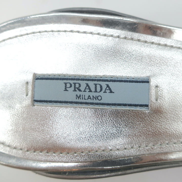 Prada Kitten Heel Slingback Pumps Silver Mirrored Leather Size 40