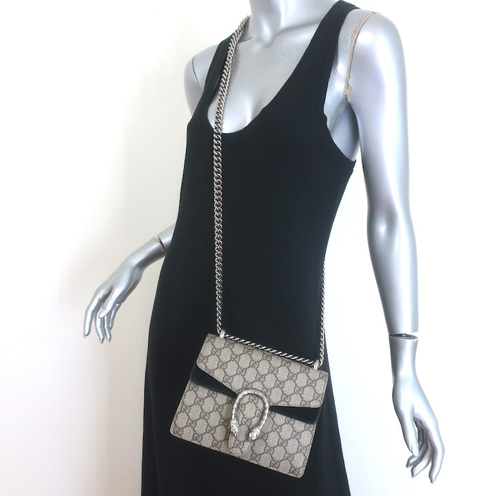 Gucci GG Supreme Mini Dionysus Shoulder Bag Beige Canvas &amp; Black Suede Crossbody