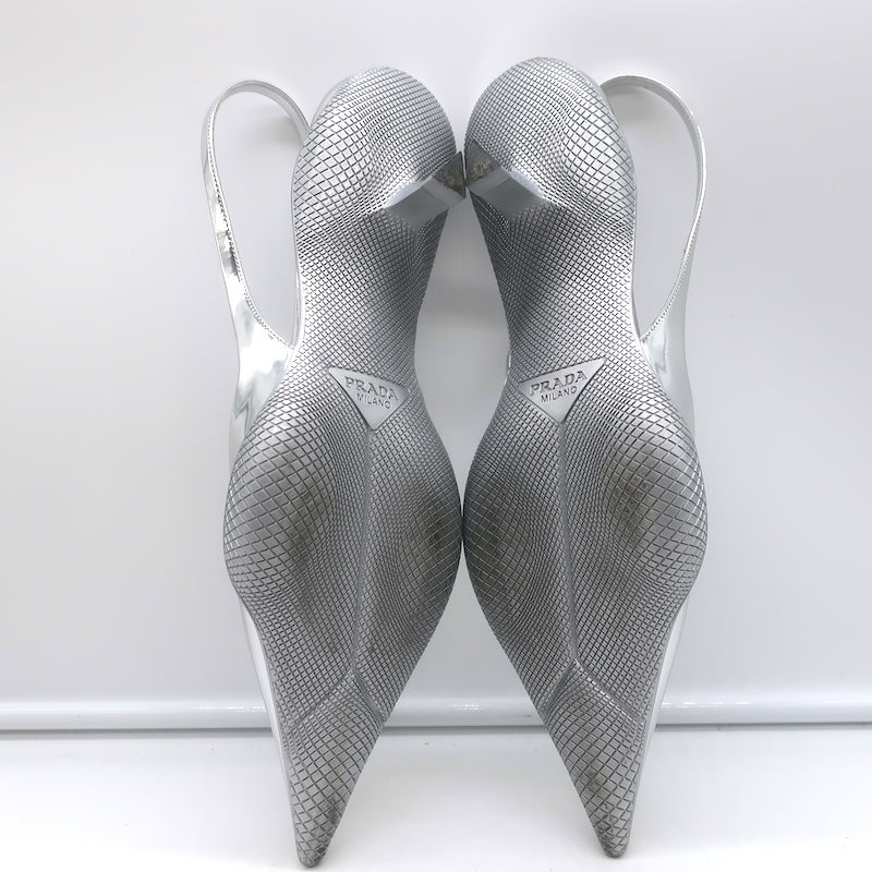 Prada Kitten Heel Slingback Pumps Silver Mirrored Leather Size 40