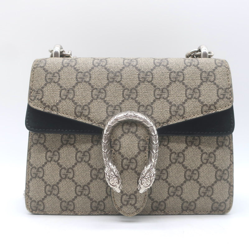 Gucci GG Supreme Mini Dionysus Shoulder Bag Beige Canvas &amp; Black Suede Crossbody